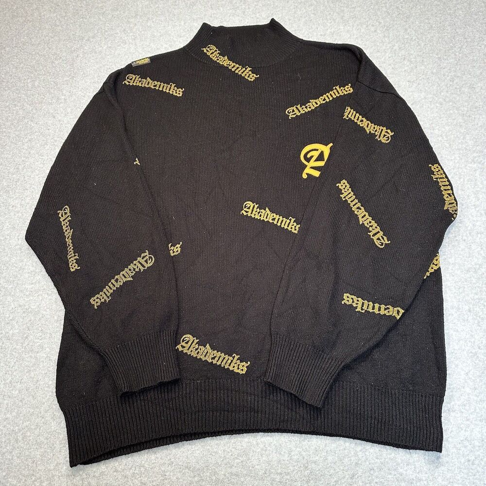 Akademiks Mens Mock Neck Acrylic Sweater All Over Print Black Size 2XL Tall VTG